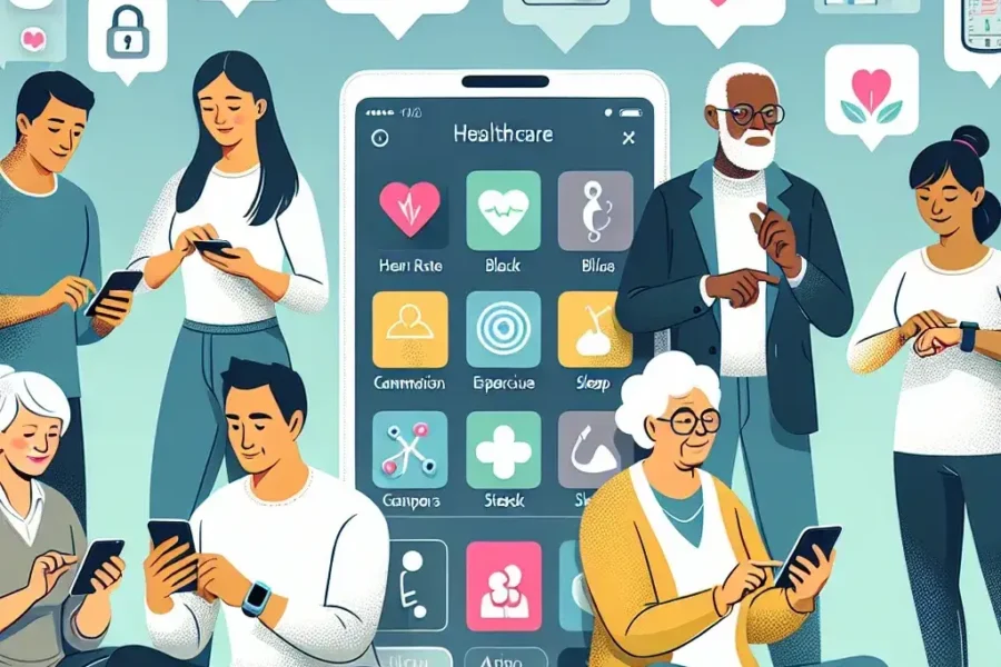 "Imagen que muestra una variedad de aplicaciones móviles para el seguimiento de enfermedades crónicas desarrolladas por startups españolas de salud digital."