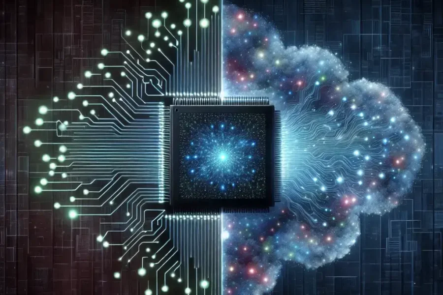 Alt text: "Ilustración que muestra la convergencia de los requisitos de inteligencia artificial para chips en centros de datos y dispositivos de consumo, destacando la evolución tecnológica y la demanda creciente de procesamiento eficiente."