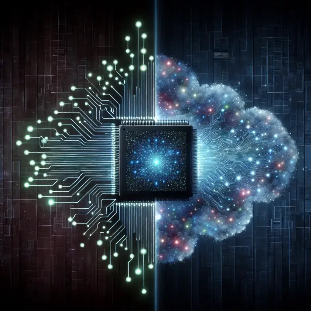 Alt text: "Ilustración que muestra la convergencia de los requisitos de inteligencia artificial para chips en centros de datos y dispositivos de consumo, destacando la evolución tecnológica y la demanda creciente de procesamiento eficiente."