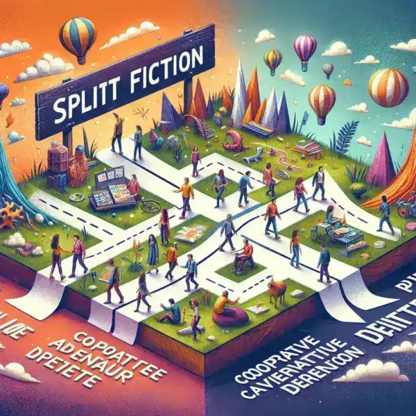 "Grupo de personas colaborando en una intensa partida de Split Fiction, un juego de aventura cooperativa que fomenta la creatividad y el trabajo en equipo."