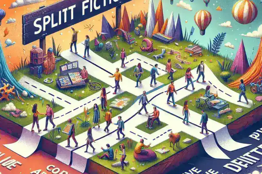 "Grupo de personas colaborando en una intensa partida de Split Fiction, un juego de aventura cooperativa que fomenta la creatividad y el trabajo en equipo."