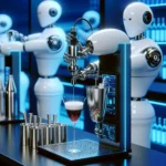 "Robotic bartenders expertly mixing and serving cocktails with precision in a modern bar setting."