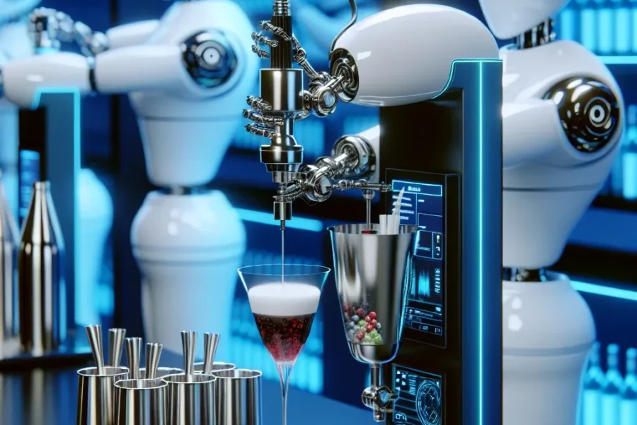 "Robotic bartenders expertly mixing and serving cocktails with precision in a modern bar setting."