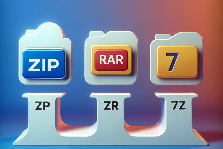 "Comparativa de compresores de archivos ZIP, RAR y 7z mostrando sus diferencias clave en un gráfico ilustrativo."