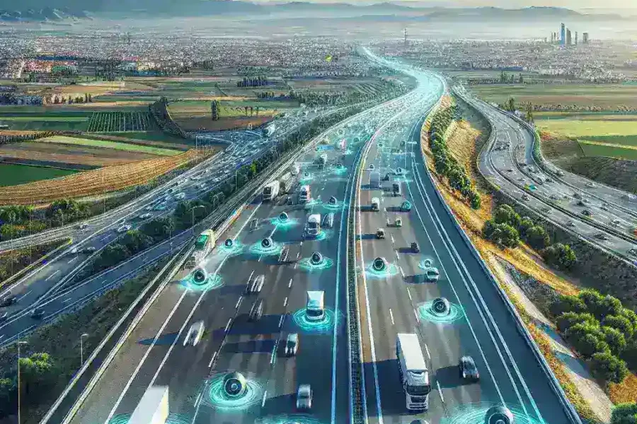 "Sensor de tráfico adaptativo con IA instalado en autopista española, mejorando la gestión del flujo vehicular y la seguridad vial."