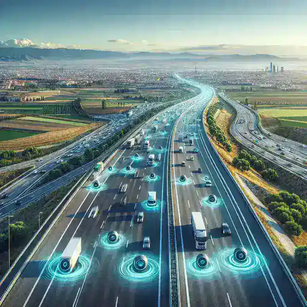 "Sensor de tráfico adaptativo con IA instalado en autopista española, mejorando la gestión del flujo vehicular y la seguridad vial."