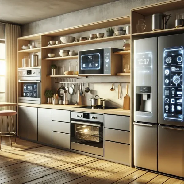 "Imagen de electrodomésticos inteligentes en una cocina moderna, destacando la tecnología de cocinas conectadas que transformará la experiencia culinaria en el hogar."