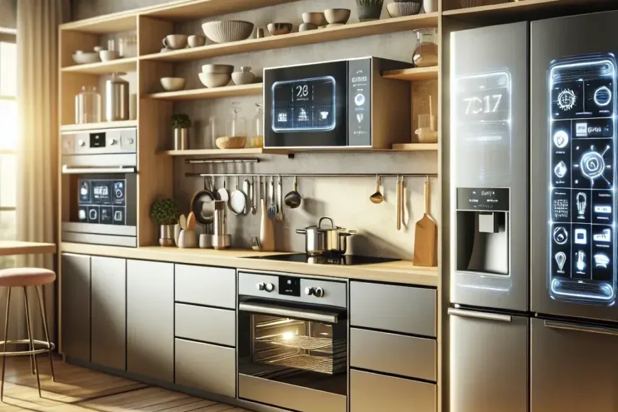 "Imagen de electrodomésticos inteligentes en una cocina moderna, destacando la tecnología de cocinas conectadas que transformará la experiencia culinaria en el hogar."