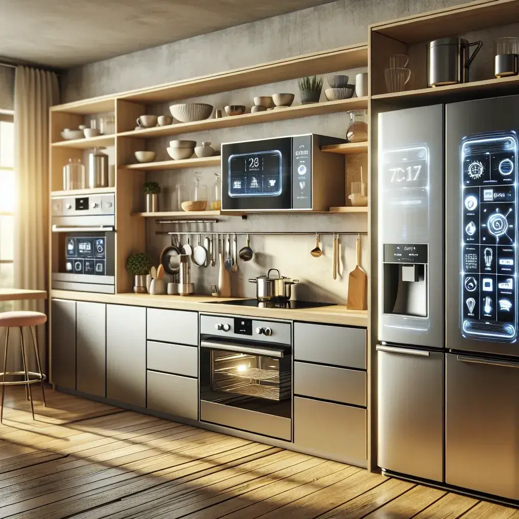 "Imagen de electrodomésticos inteligentes en una cocina moderna, destacando la tecnología de cocinas conectadas que transformará la experiencia culinaria en el hogar."