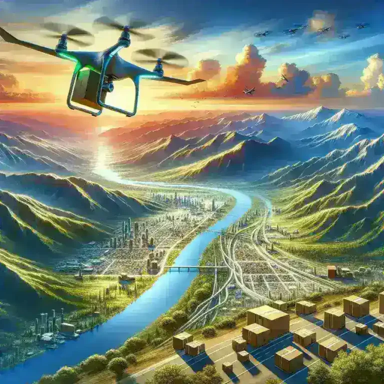 "Un drone híbrido de Correos en vuelo, diseñado para envíos de larga distancia, sobrevolando un paisaje rural español con paquetes. Innovación en logística y transporte aéreo."