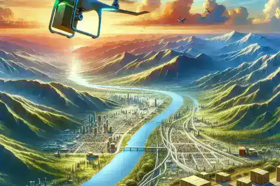 "Un drone híbrido de Correos en vuelo, diseñado para envíos de larga distancia, sobrevolando un paisaje rural español con paquetes. Innovación en logística y transporte aéreo."