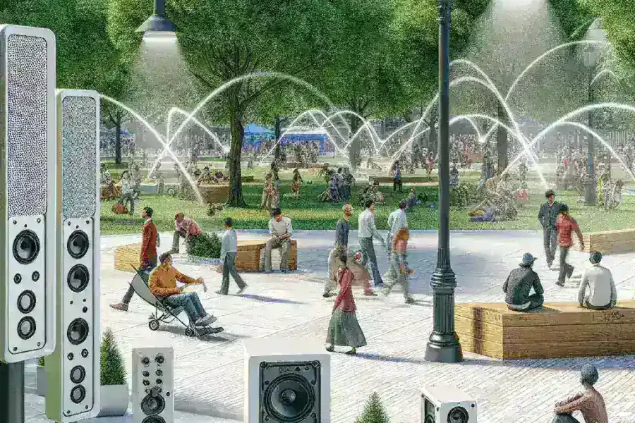 "Instalación de sistema de audio direccional en un espacio público, diseñado para minimizar la contaminación sonora y mejorar la experiencia acústica de los visitantes."