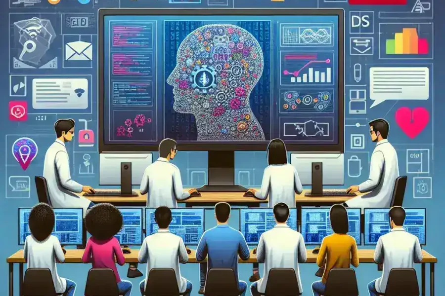 "Imagen de un grupo de investigadores españoles trabajando en inteligencia artificial para detectar noticias falsas en redes sociales, destacando pantallas con datos y gráficas sobre el análisis de contenido digital."
