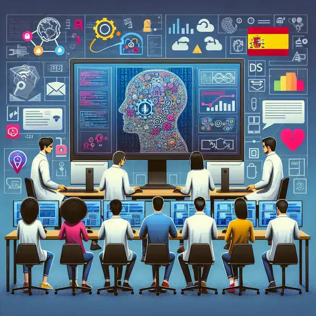 "Imagen de un grupo de investigadores españoles trabajando en inteligencia artificial para detectar noticias falsas en redes sociales, destacando pantallas con datos y gráficas sobre el análisis de contenido digital."